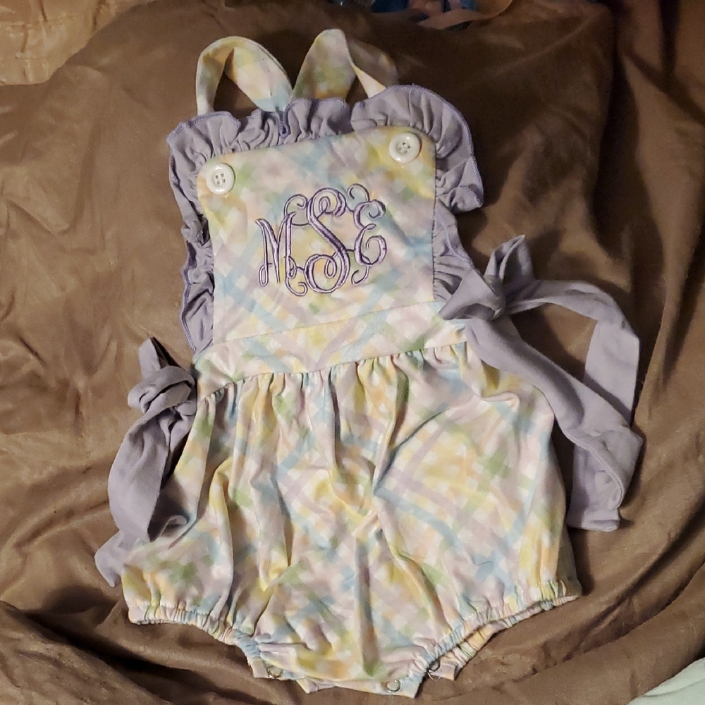 Knickers + Bows Pastel Plaid Kids Romper, Personalized "MES"